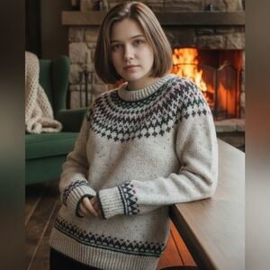 Vintage Northern Reflections Cream Green Burgundy Wool Cotton Fair Isle Sweater